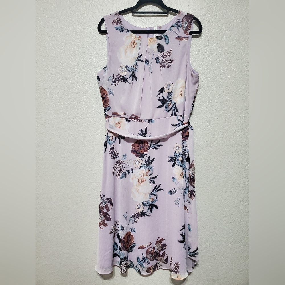 NY Collection Blush Purple Rose Floral Sleeveless Belted Dress Women's Size 16